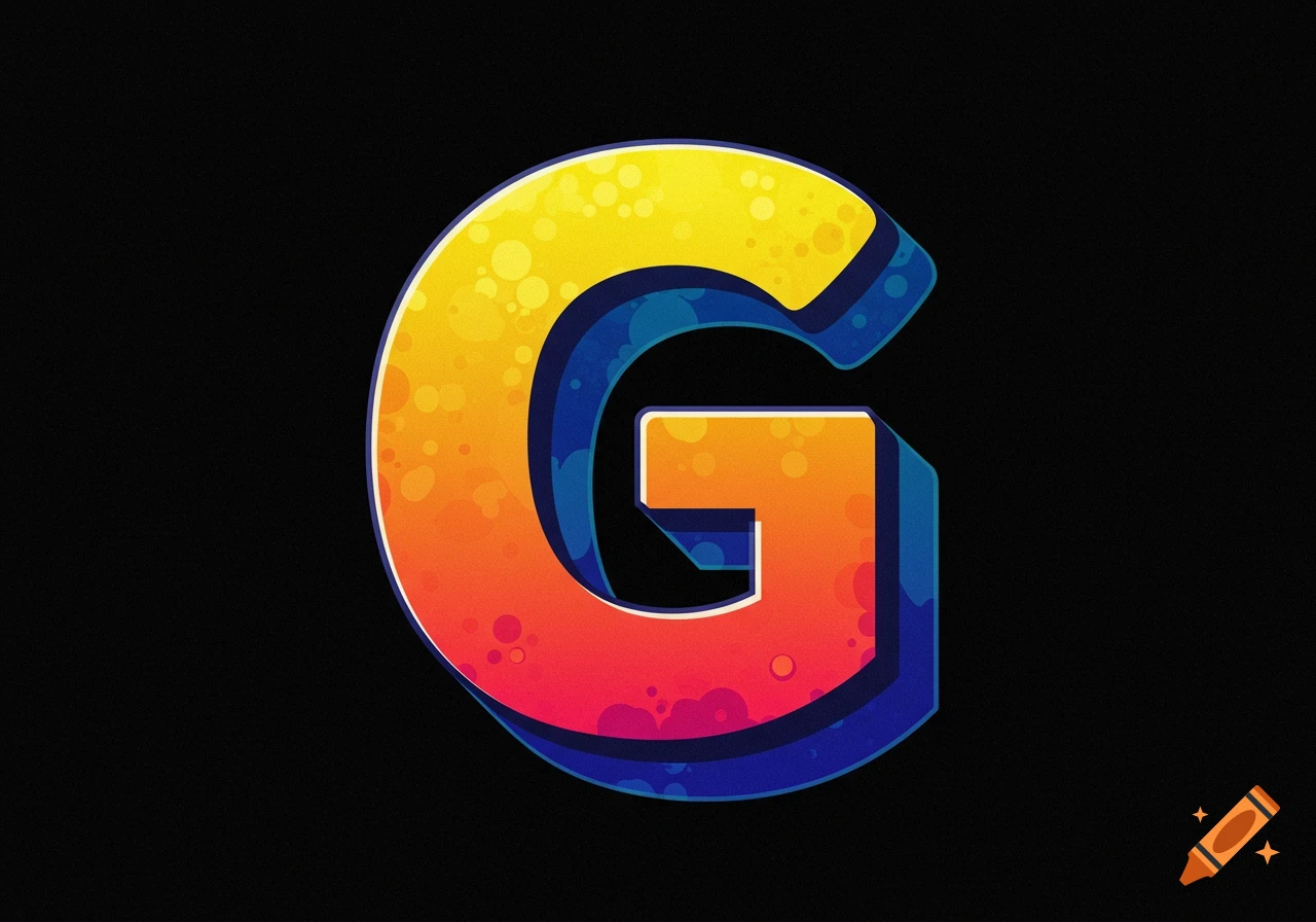 A stylized letter G with a yellow, orange, and red gradient and texture, against a dark blue shadow and black background.