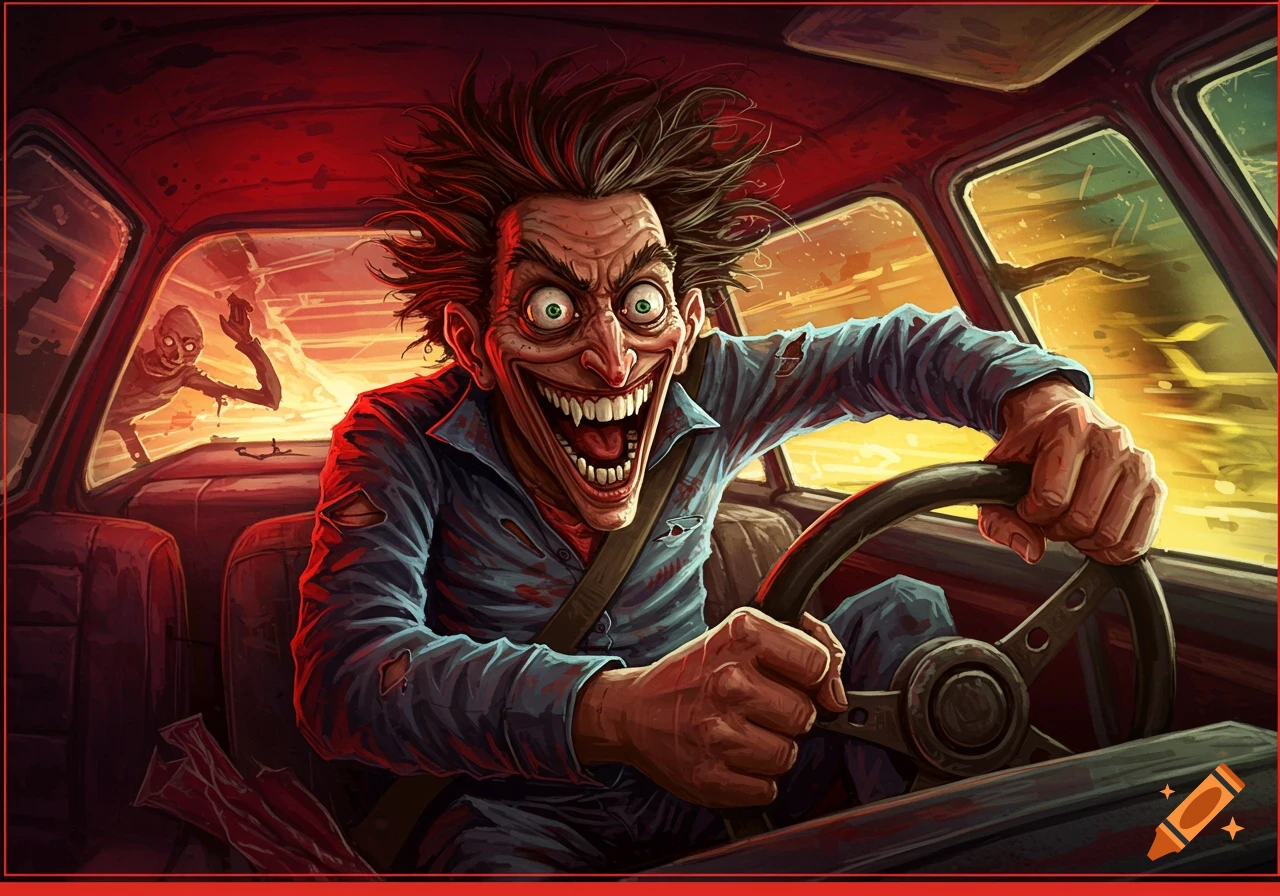 Horror illustration of a grotesque man driving a car with a zombie in the back window.