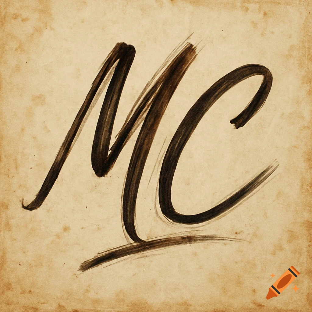 Brushstroke initials MC on aged paper