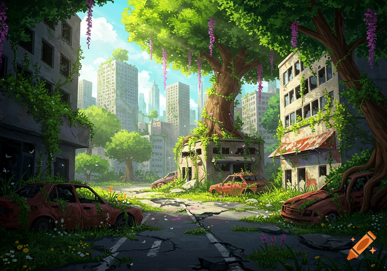Abandoned urban street with buildings and cars overgrown by nature, like a digital painting.