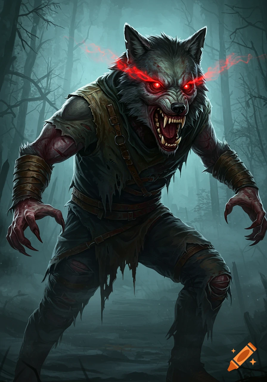 A monstrous werewolf with glowing red eyes and sharp claws stands in a dark forest.