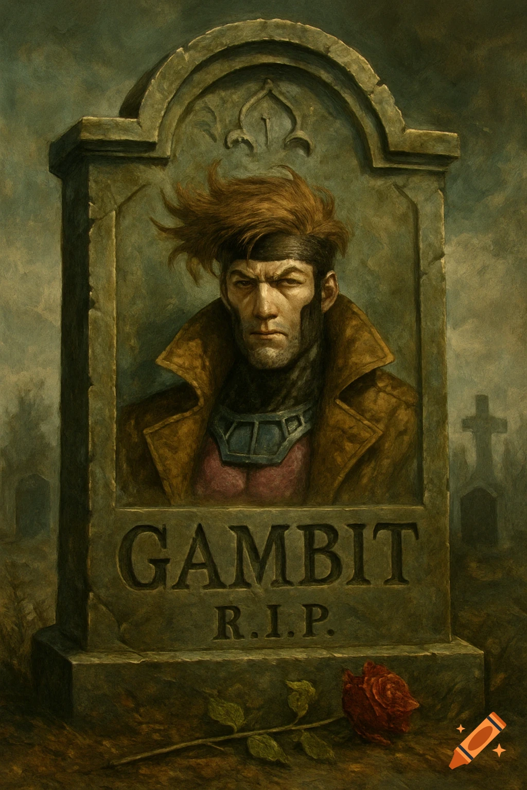 Painting of Gambit on a tombstone inscribed 'GAMBIT R.I.P.' with a rose at the base.