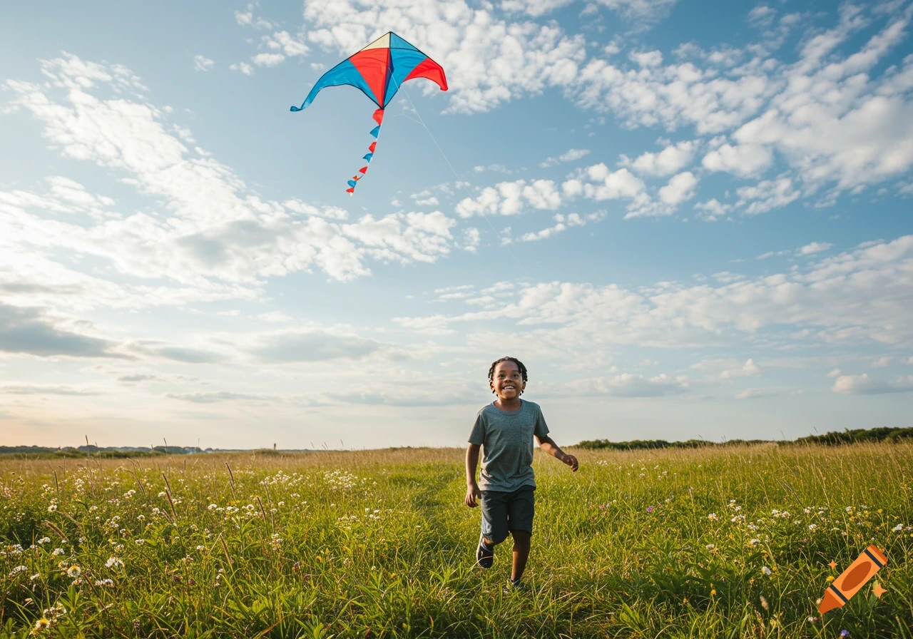 Young boy running through a grassy field towards the camera, smiling, with a red and blue kite flying high above him in a blue sky with clouds.