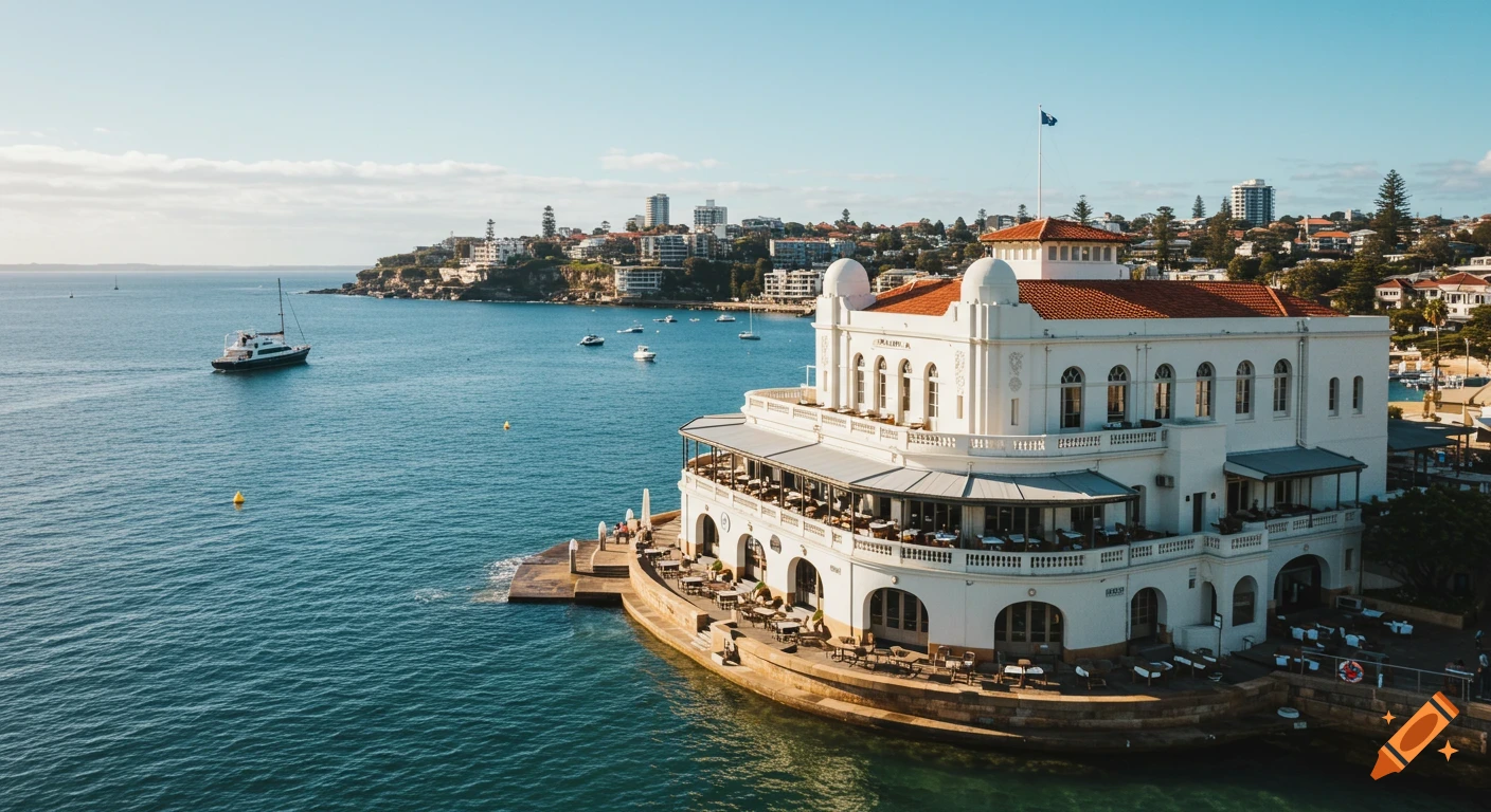 A white waterfront building with red roofs and outdoor seating, with boats in the bay and buildings on a distant hill.