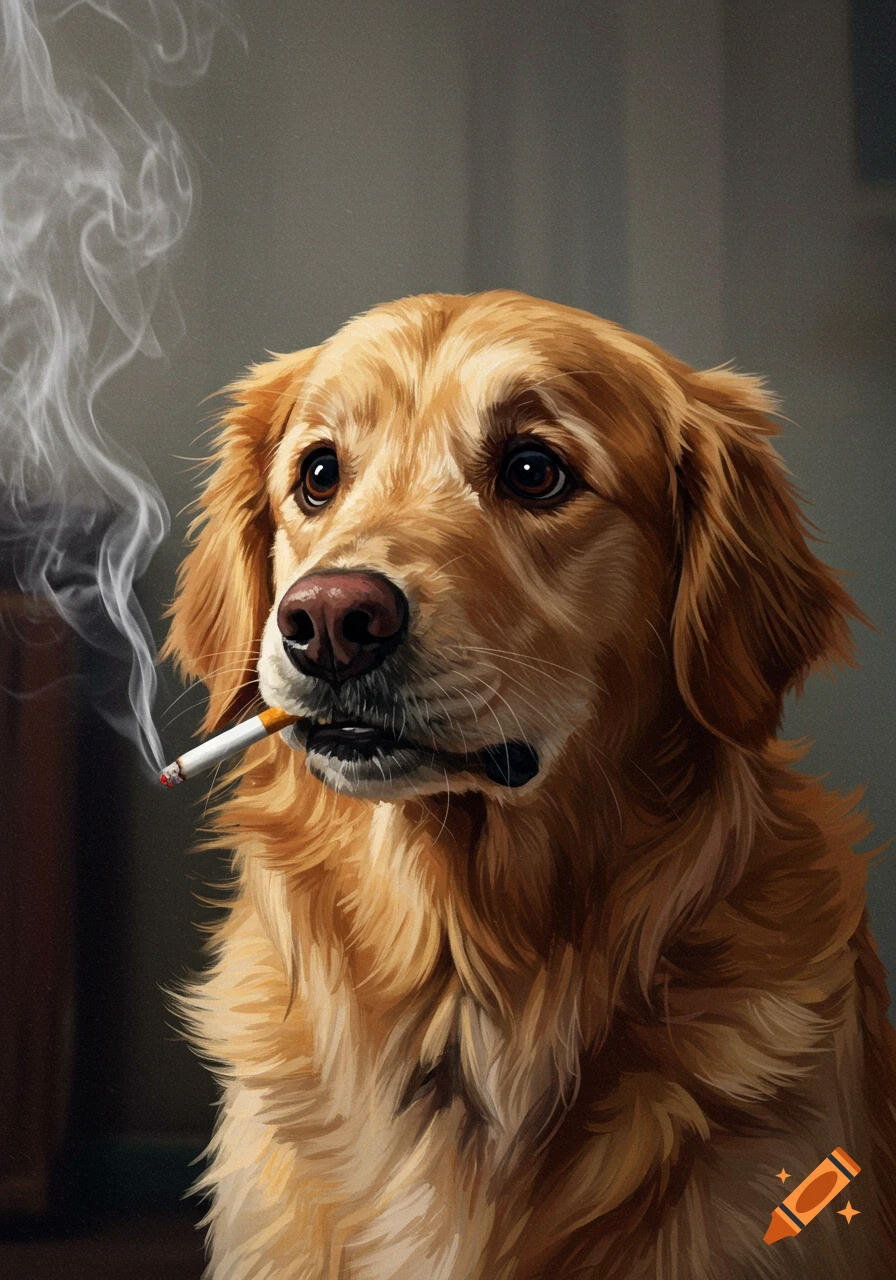 A golden retriever dog smokes a cigarette with smoke rising.