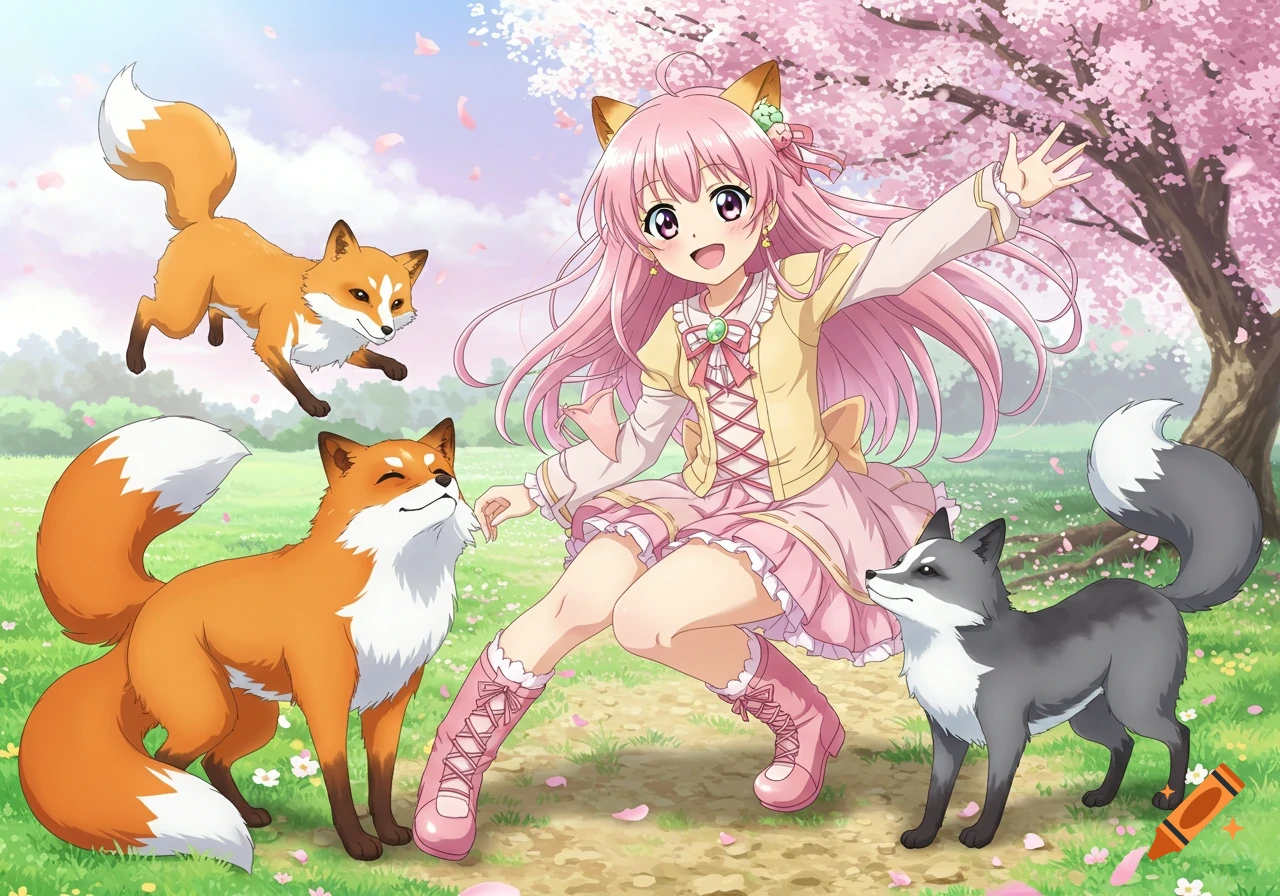 Anime girl with pink hair and fox ears among three foxes in a field with cherry blossoms.