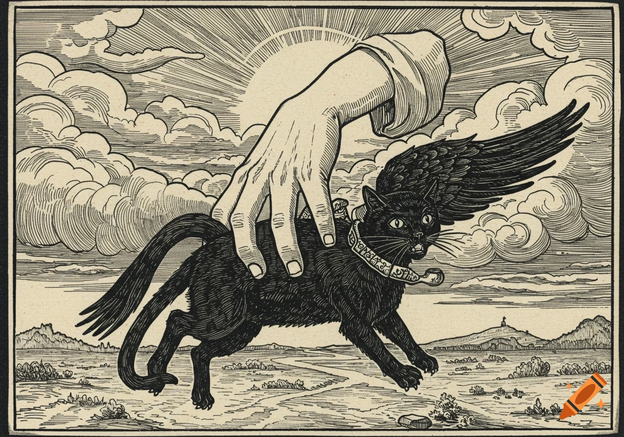 Medieval line illustration of a hand holding a winged black cat with a pipe, flying above a landscape.