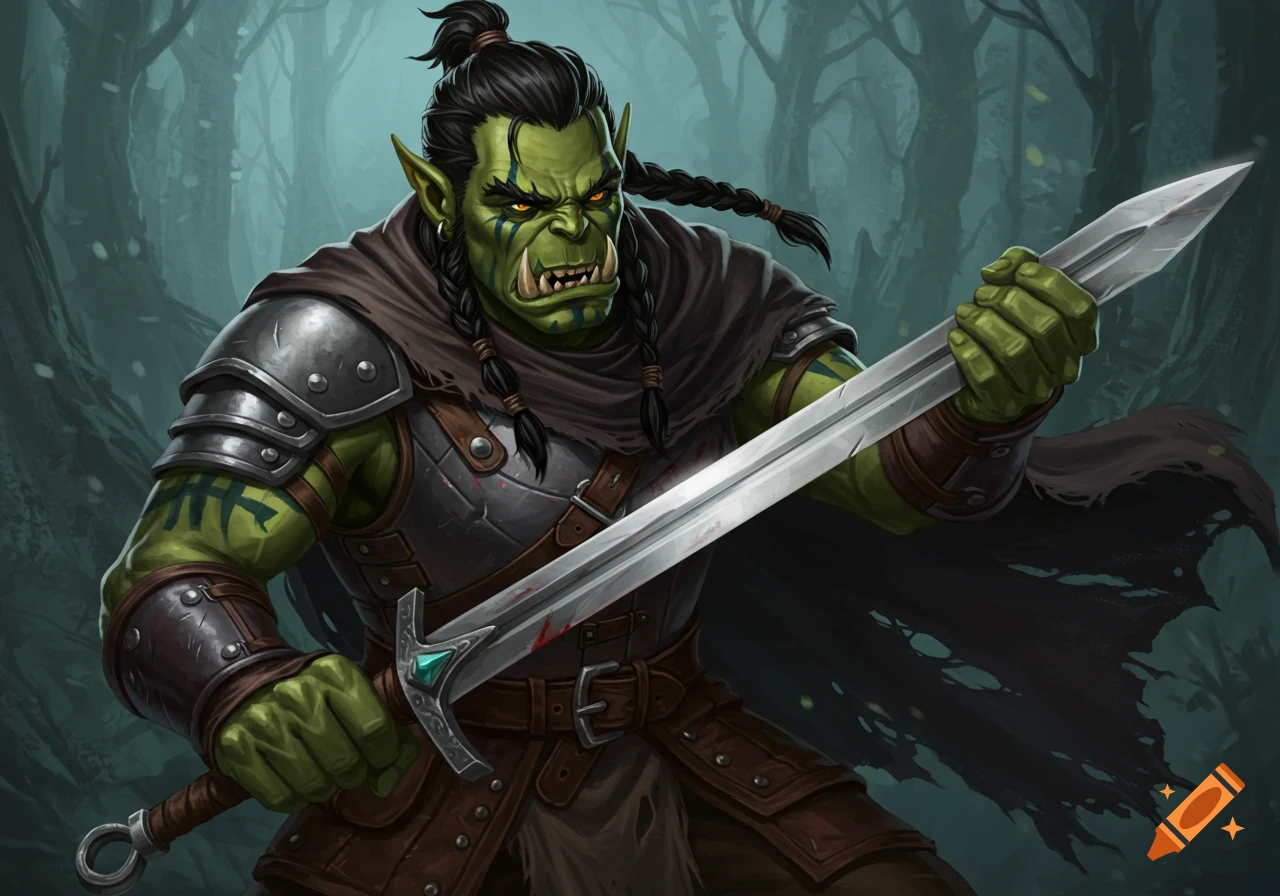 A fierce green orc warrior holds a large sword in a dark forest.
