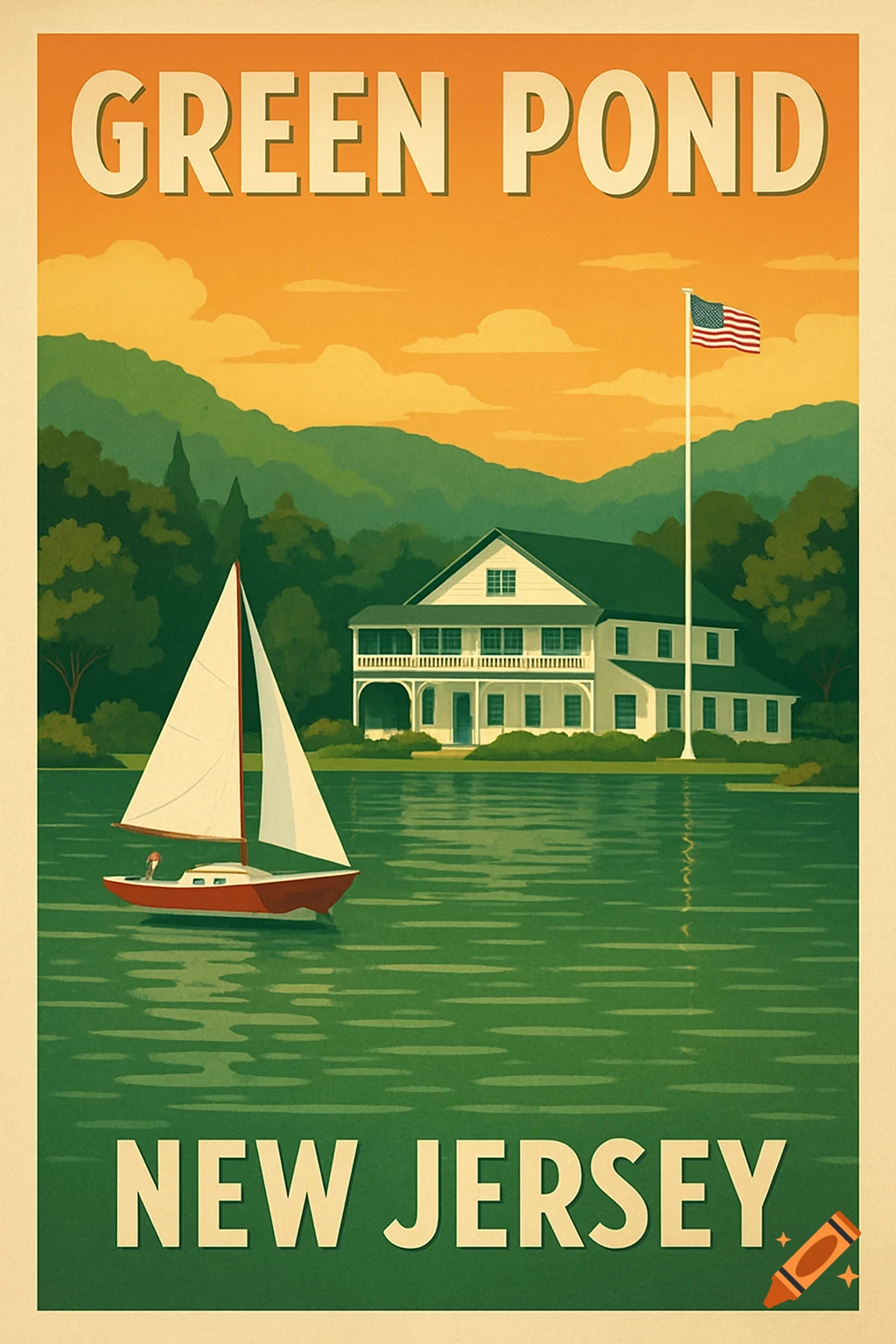 Vintage travel poster of Green Pond, New Jersey with a sailboat and yacht club on a lake.