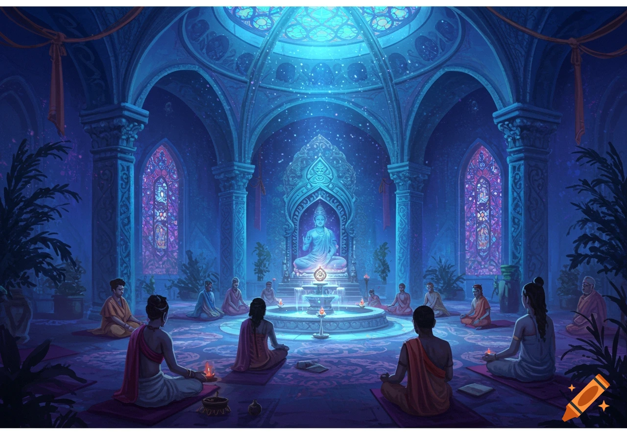 People meditate around a glowing Buddha statue in an ornate temple with stained glass windows.