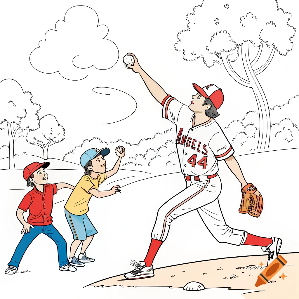 Coloring page illustration of a baseball pitcher in an Angels jersey throwing a ball to two boys in a park.