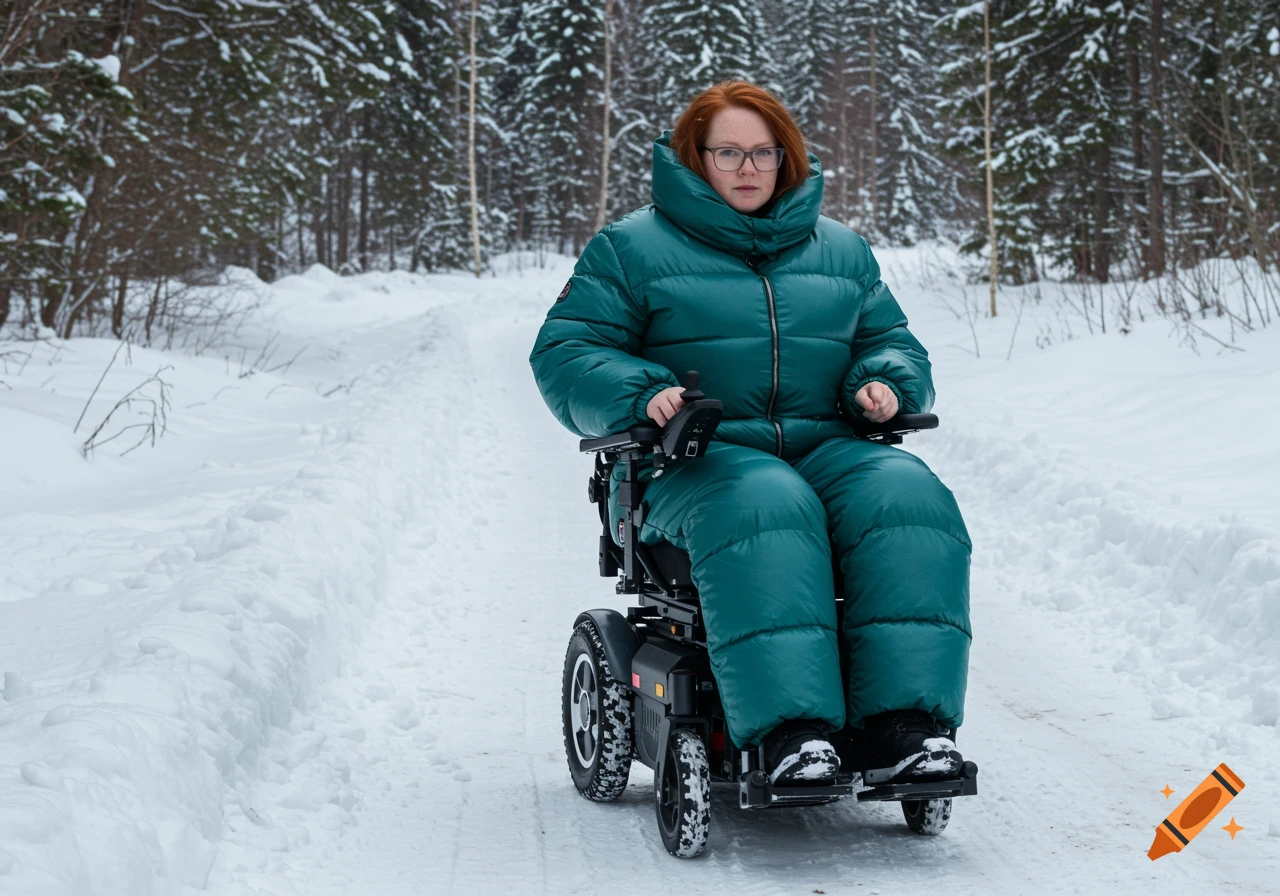 A person in a large teal puffer suit in an electric wheelchair on a snowy path through a forest.