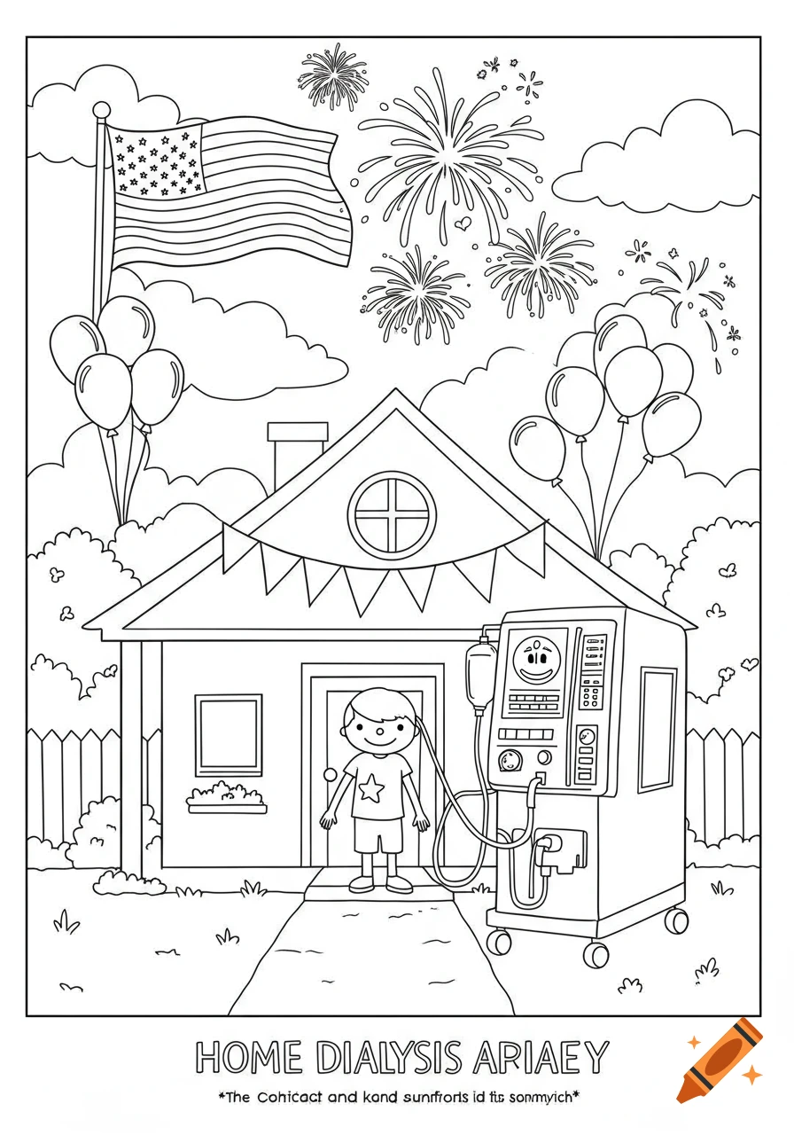 Line art coloring page of a child doing home dialysis in front of a house decorated for the 4th of July with a flag, balloons, and fireworks.