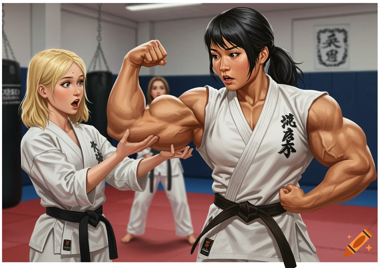 Asian woman in karate uniform flexing large bicep for shocked classmate in dojo illustration