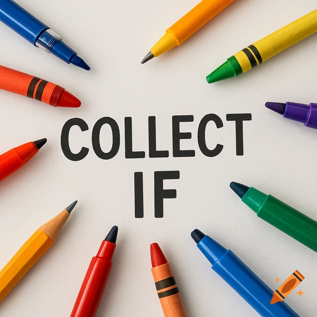 Text COLLECT IF surrounded by colorful pens, crayons, markers, and a pencil