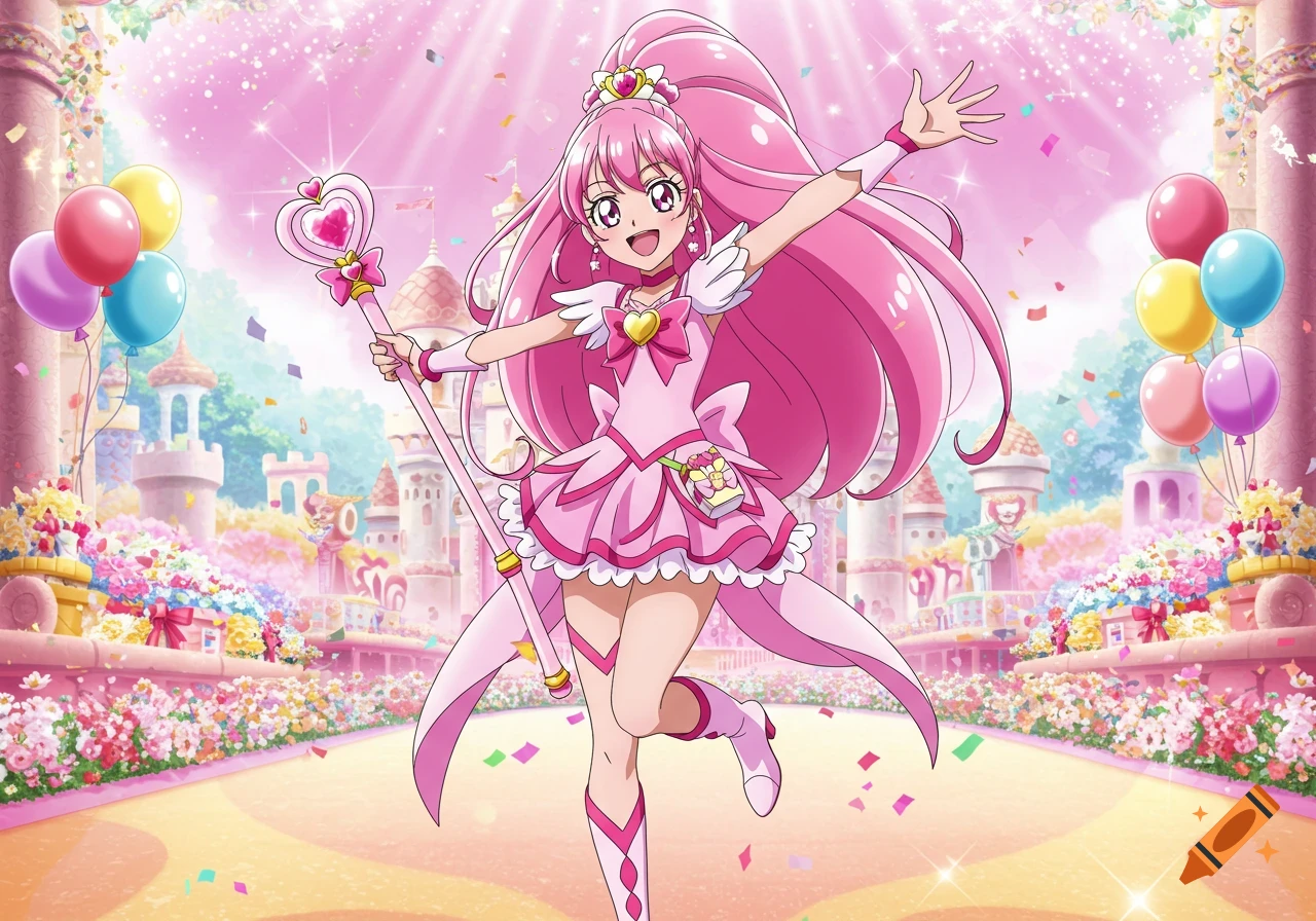 Pink-haired anime magical girl in a frilly pink dress stands in a festive outdoor scene with balloons, flowers, and a castle.