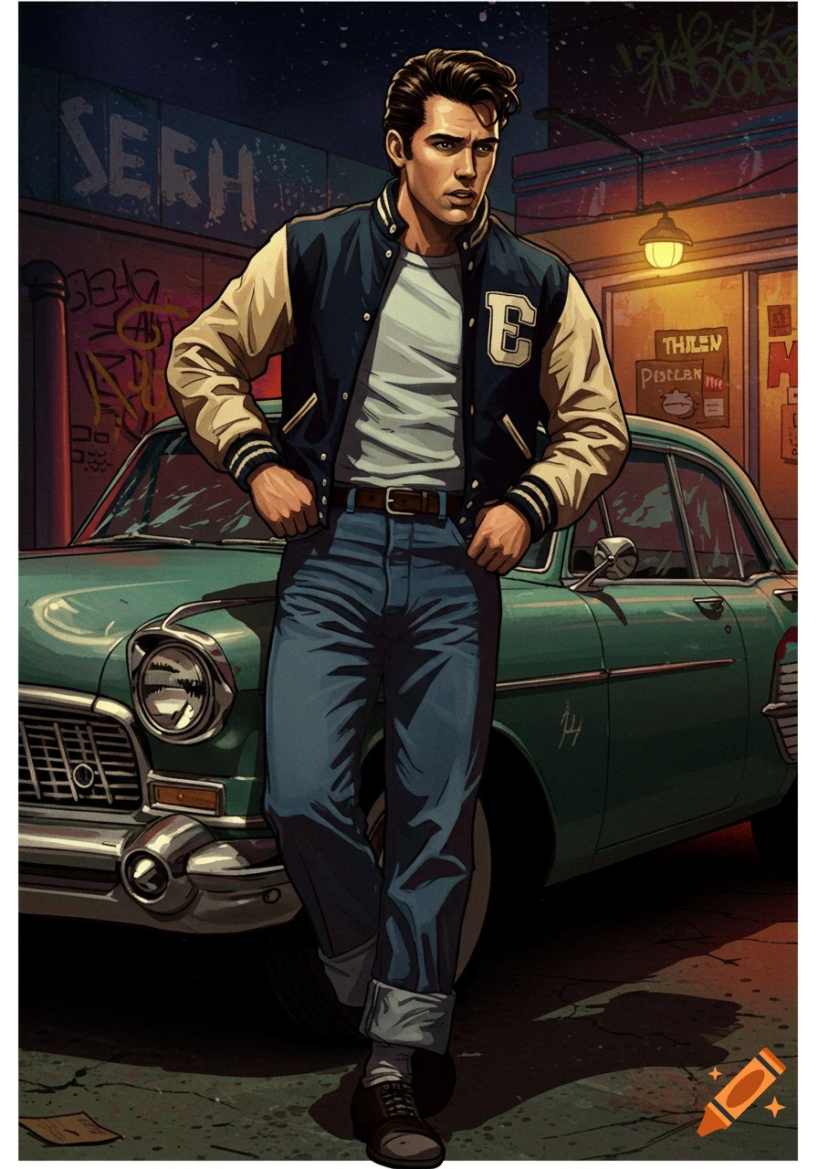 A greaser with a pompadour hairstyle wears a varsity jacket, leaning against a teal classic car in a gritty urban alley at night.