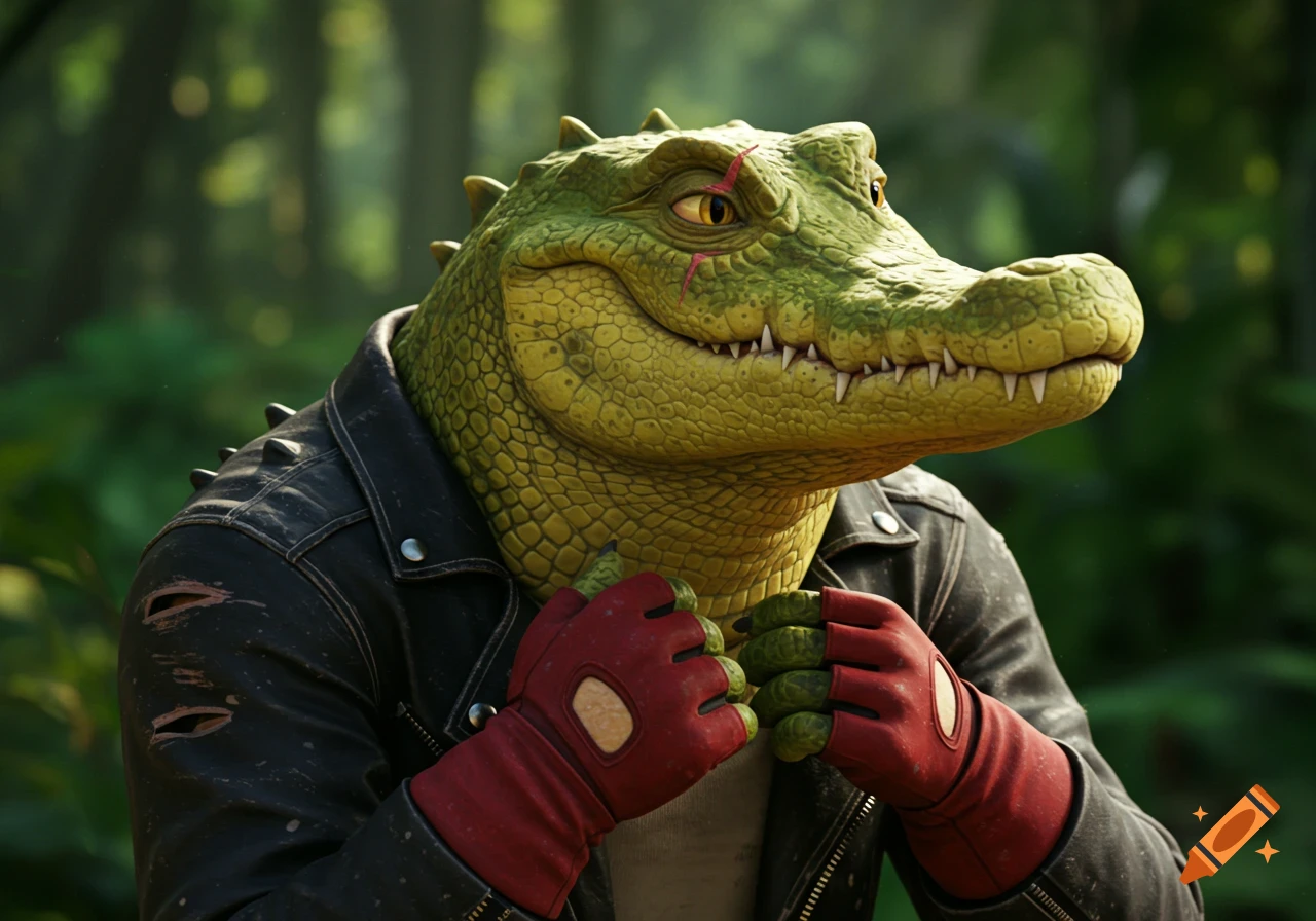 Photorealistic anthropomorphic crocodile wearing a black leather jacket and red fingerless gloves in a forest.