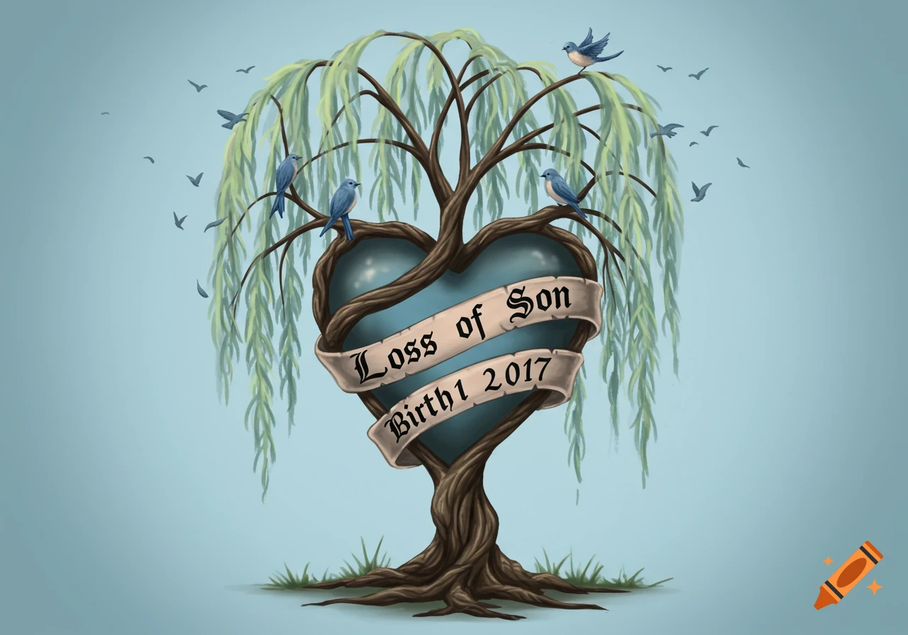 Illustration of a tree with a heart-shaped void, wrapped with a banner that says 'Loss of Son Birth1 2017'. Bluebirds perch on branches.