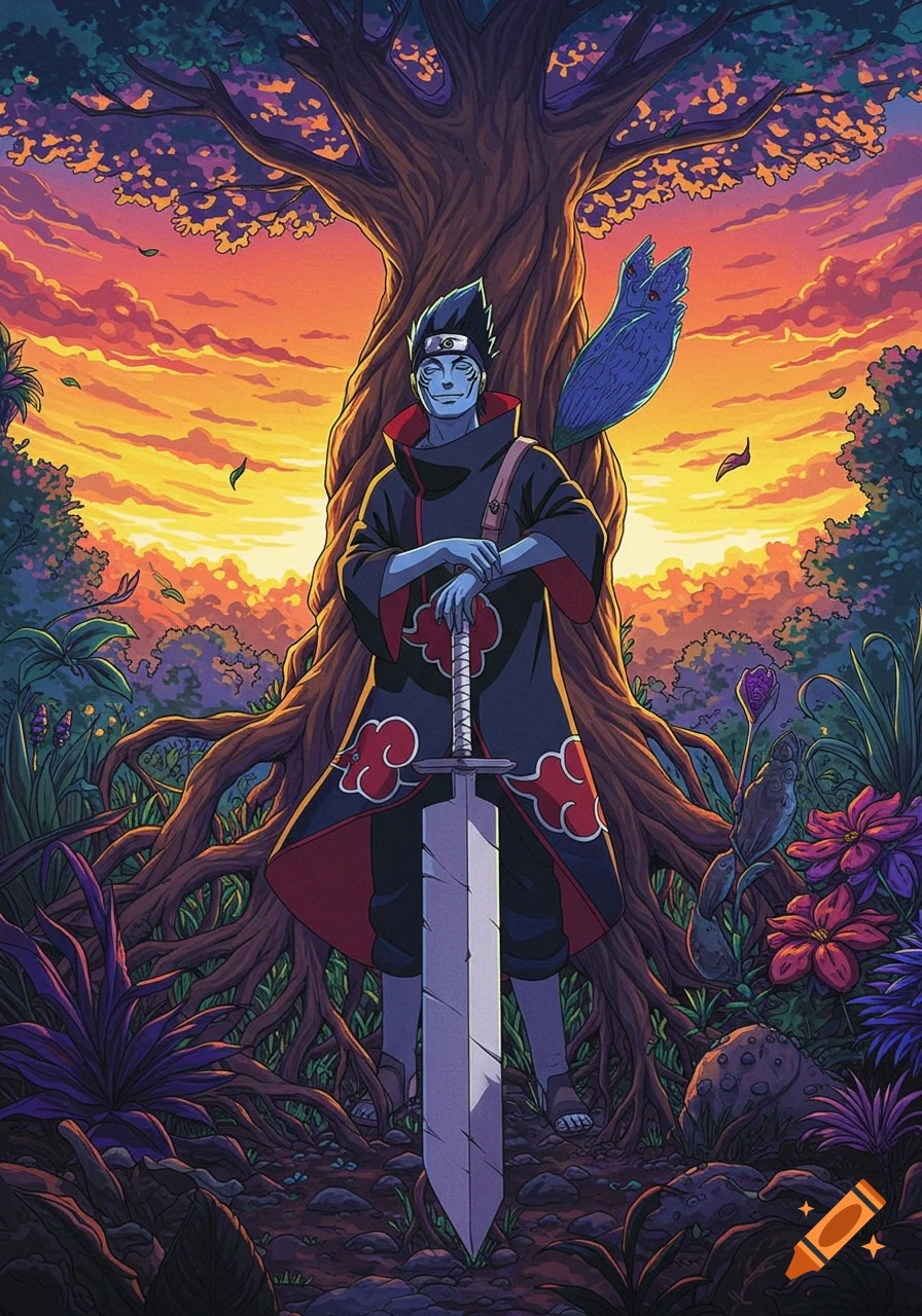 Kisame stands in a forest clearing at sunset, holding his large sword, a blue creature on his shoulder. Stylized anime art.
