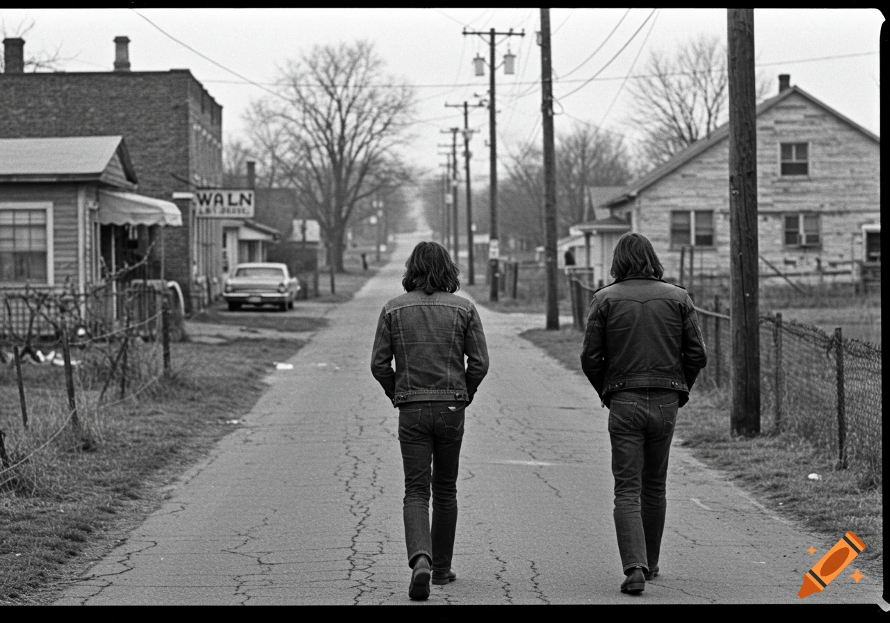 Two long-haired boys walk away down a street in a black and white photo of a small town.