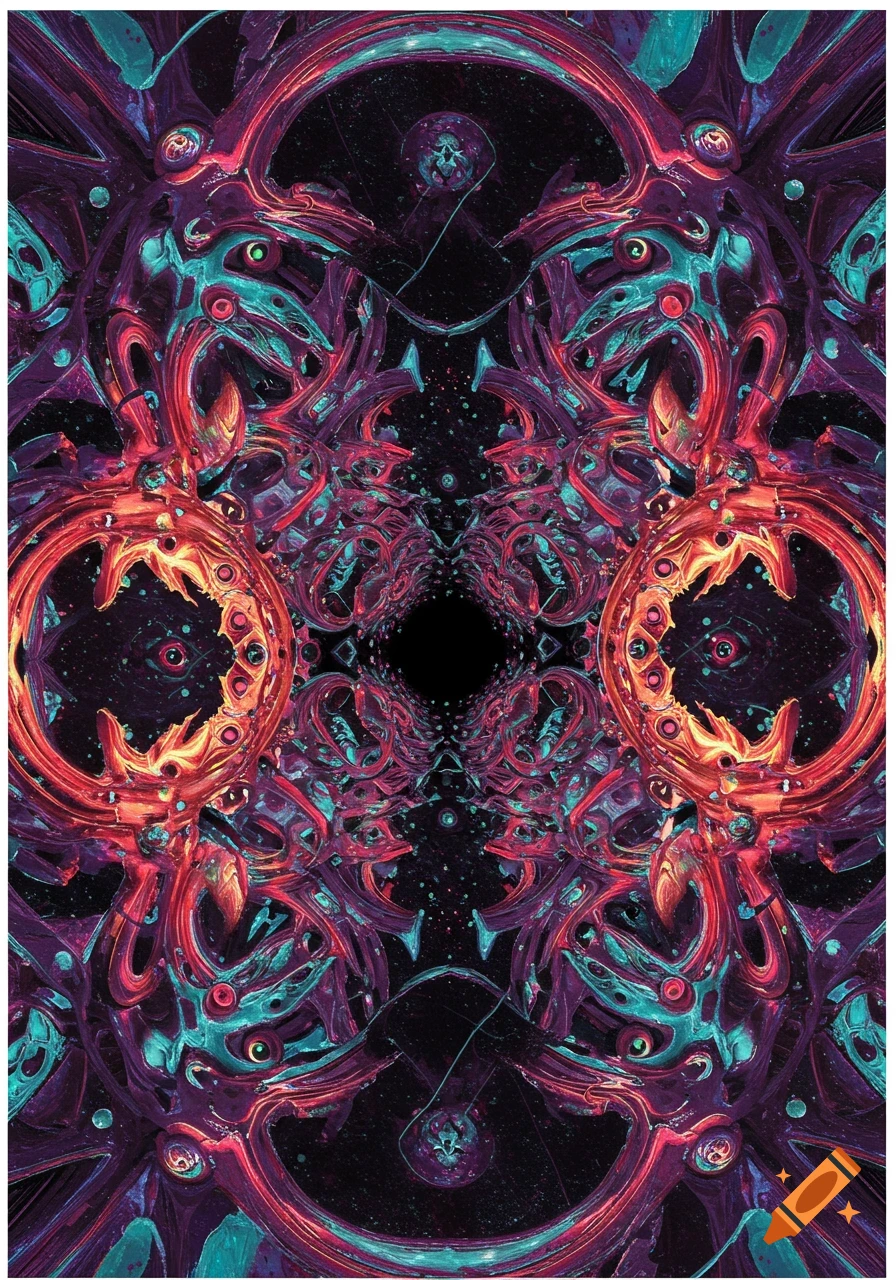 Symmetrical abstract pattern with intertwined organic forms in purple, teal, and orange around a central black void.