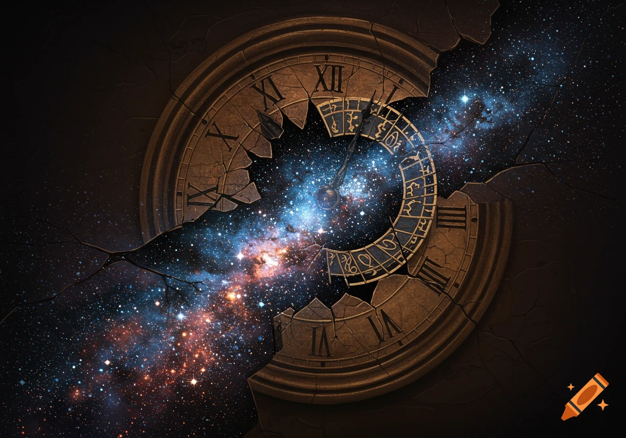 A cracked clock with Roman numerals spills a colorful galaxy from its broken face.