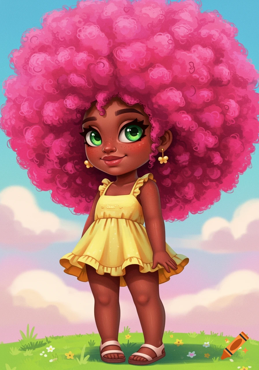 Cartoon girl with bright pink afro, green eyes, and yellow dress standing in a field under a blue sky.