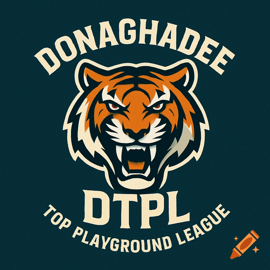 A graphic logo featuring an angry tiger head, with the text DONAGHADEE, DTPL, and TOP PLAYGROUND LEAGUE.
