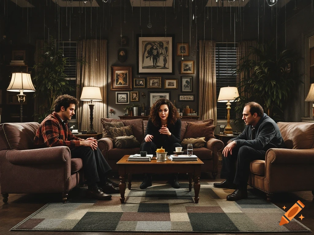 Three people resembling Seinfeld cast members in a dimly lit living room.