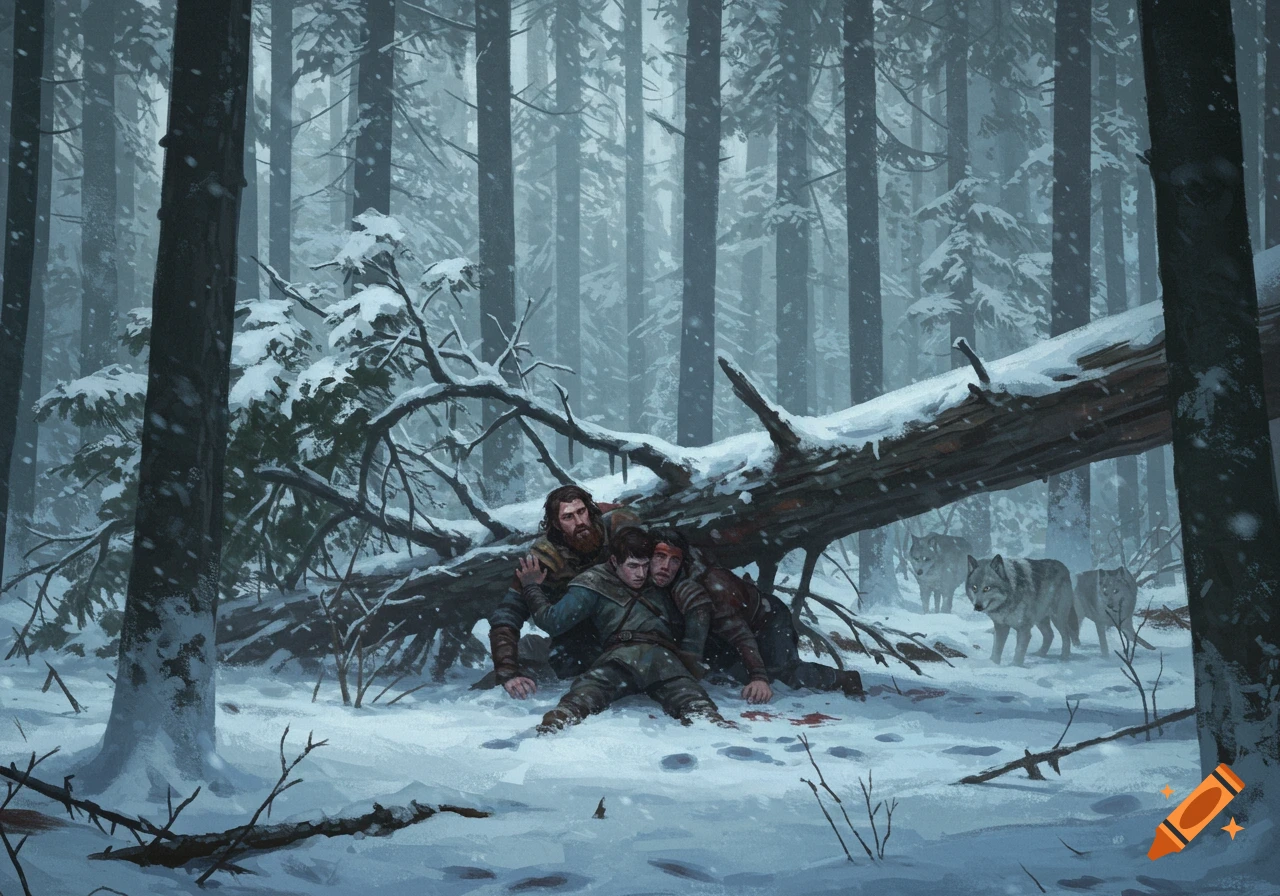 Three men pinned under a fallen tree in a snowy forest, watched by wolves, illustration style.
