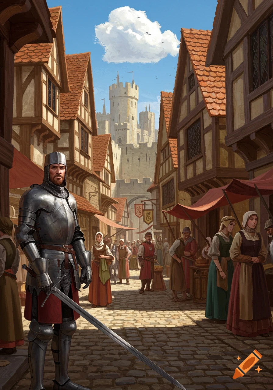 Knight in armor stands on a cobblestone street in a medieval town.