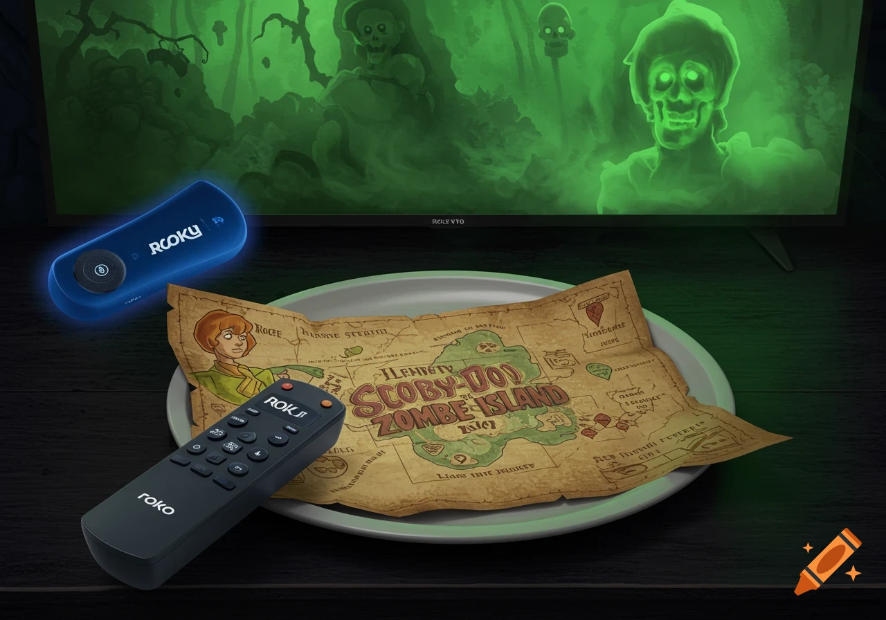 A TV screen shows ghostly Scooby-Doo characters. In front are a Roku stick, remote, and a map on a plate.