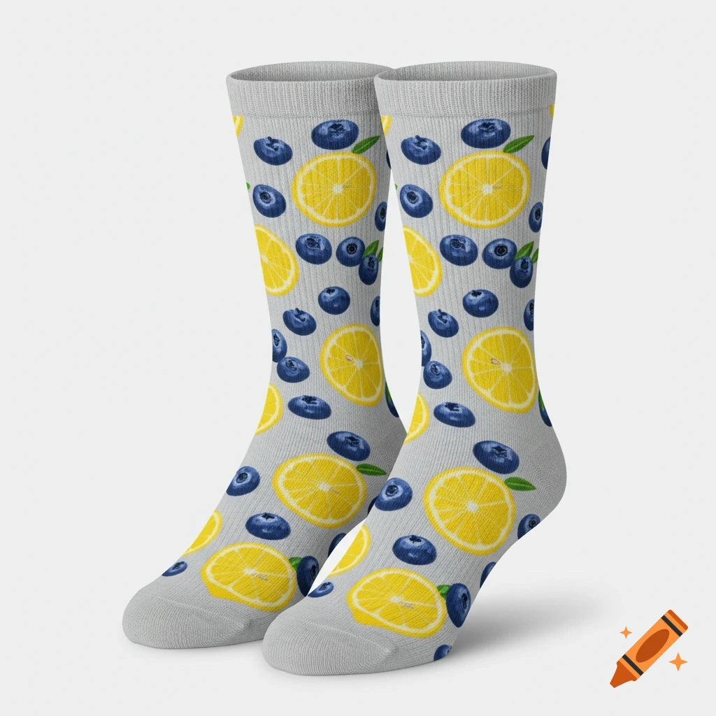 Pair of grey socks with a pattern of lemon slices and blueberries.