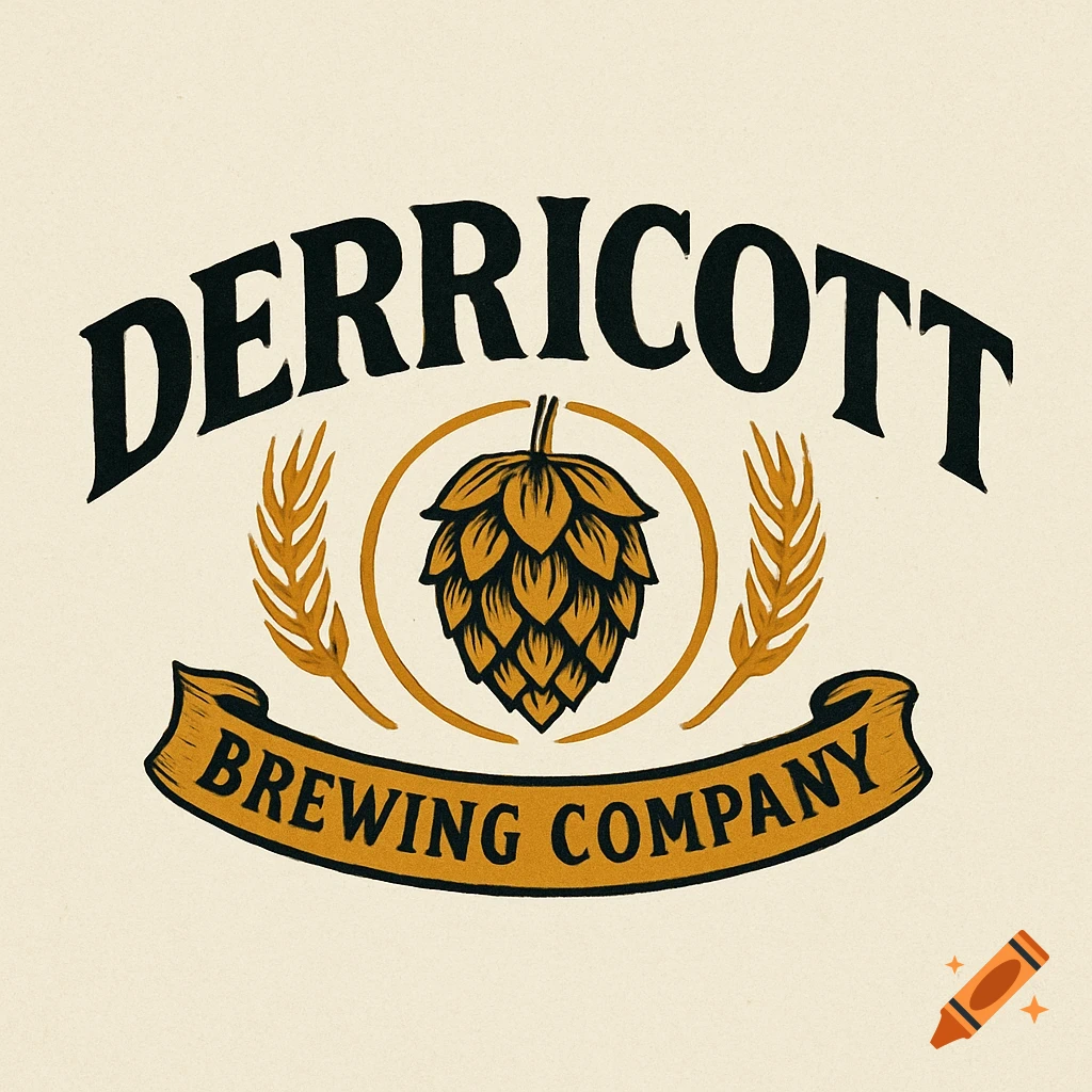 Vintage style logo for Derricott Brewing Company with hops and wheat.