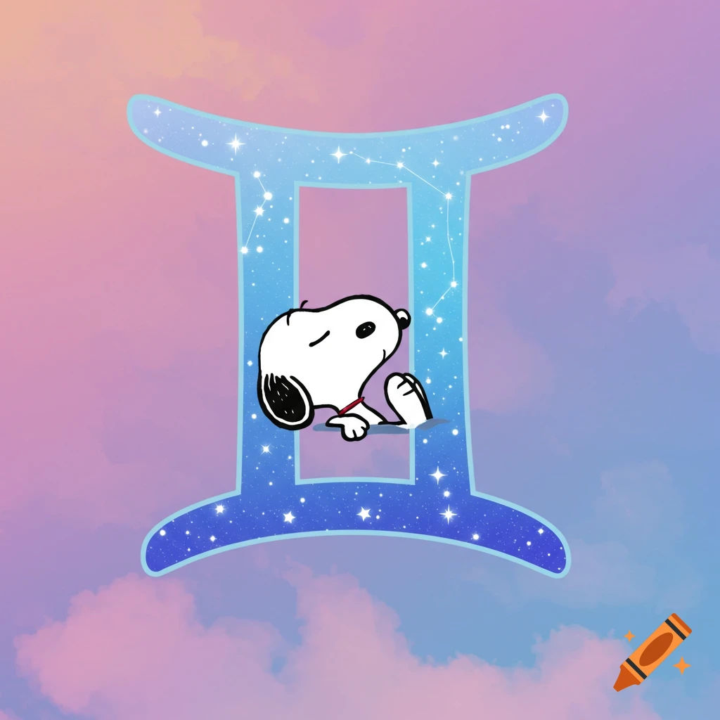 Snoopy sleeps on a large blue Gemini zodiac symbol filled with stars against a pink and blue cloudy sky.
