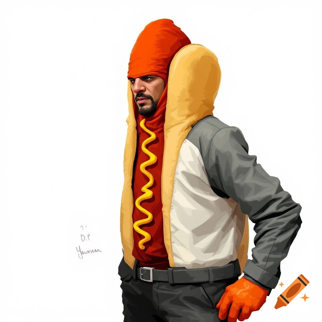 Man wearing a hot dog suit costume