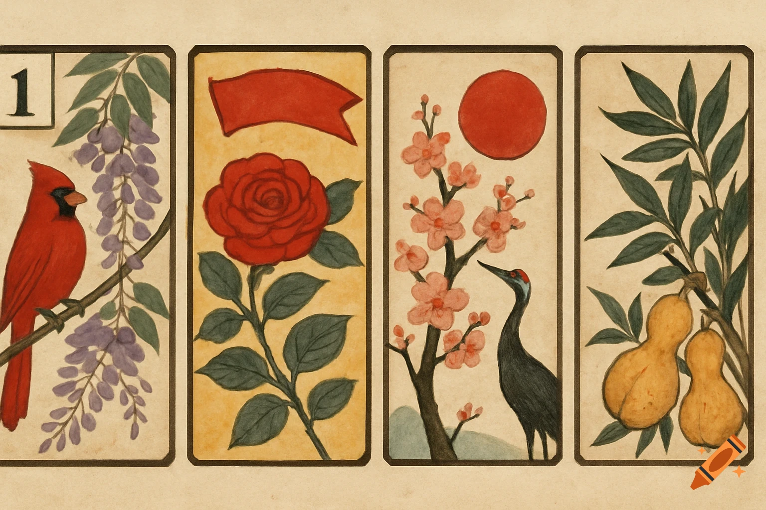Four stylized cards in Hanafuda style: cardinal with wisteria, rose, crane with cherry blossoms, pears.