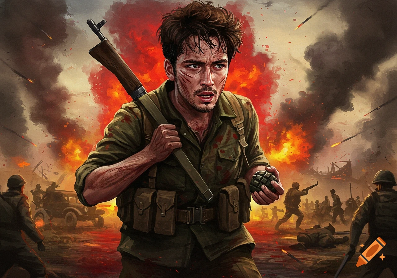 An illustration of a soldier holding a grenade and rifle during a chaotic battlefield scene.