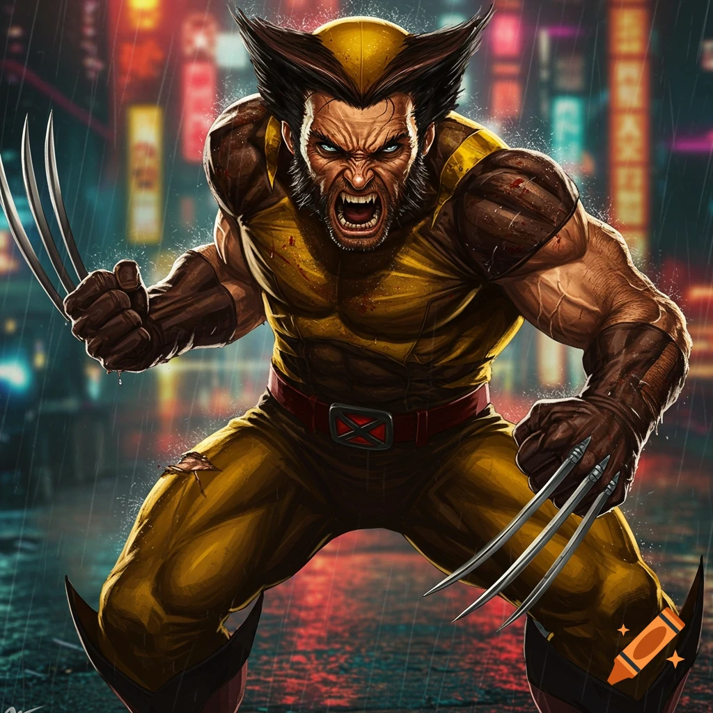 Wolverine roars with claws extended in a rainy city street at night, comic art style.