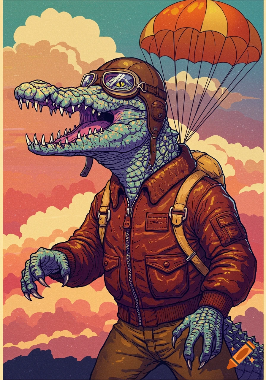 A cartoon crocodile in a bomber jacket and pilot helmet skydiving against a cloudy sky.