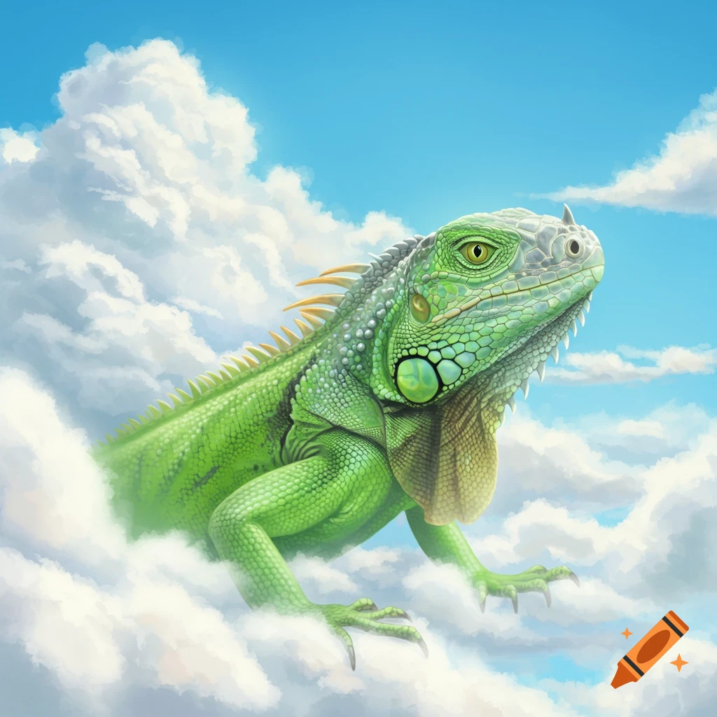 A green iguana floats among white clouds in a blue sky, painterly style.