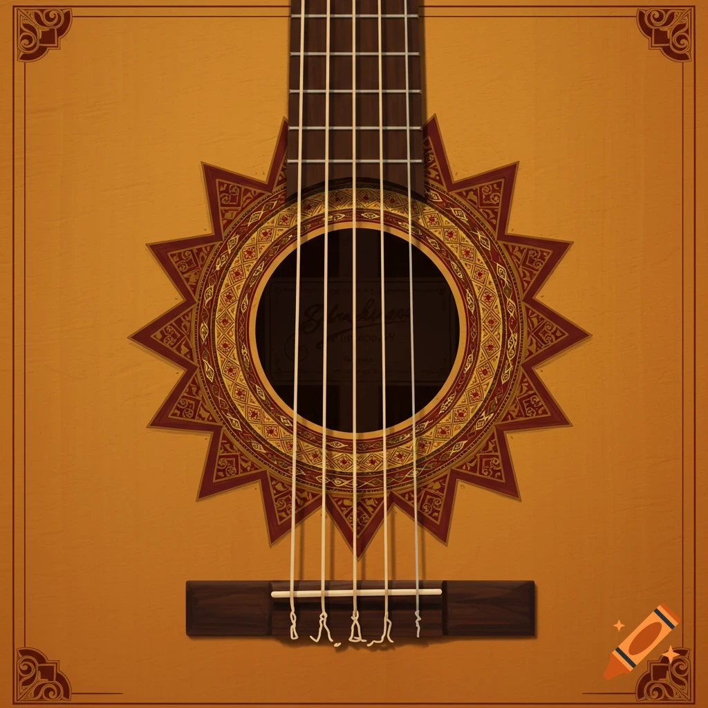 Close-up view of a classical guitar soundhole with a detailed geometric rosette.