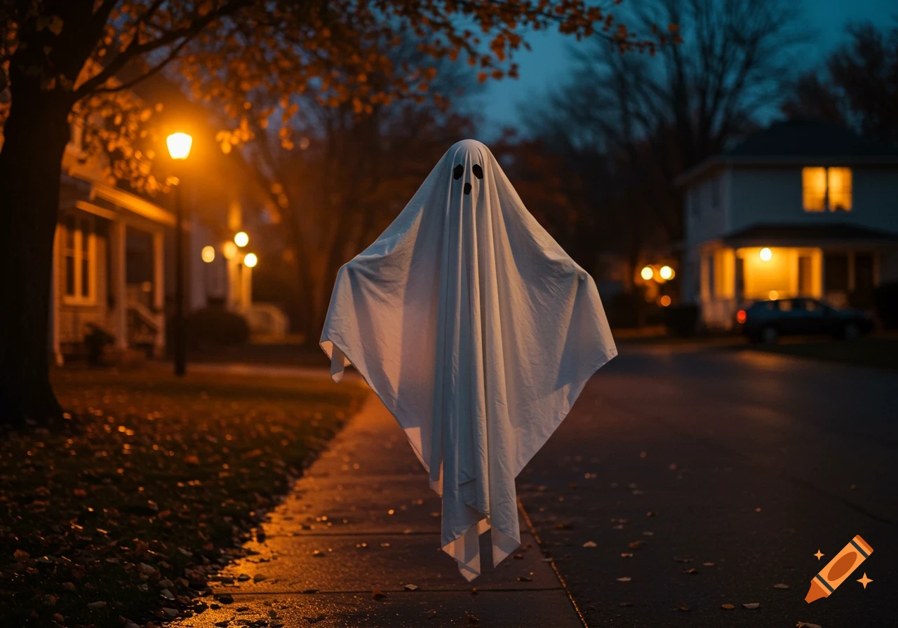 A classic sheet ghost floats over a sidewalk in a suburban neighborhood at dusk, lit by warm streetlights.