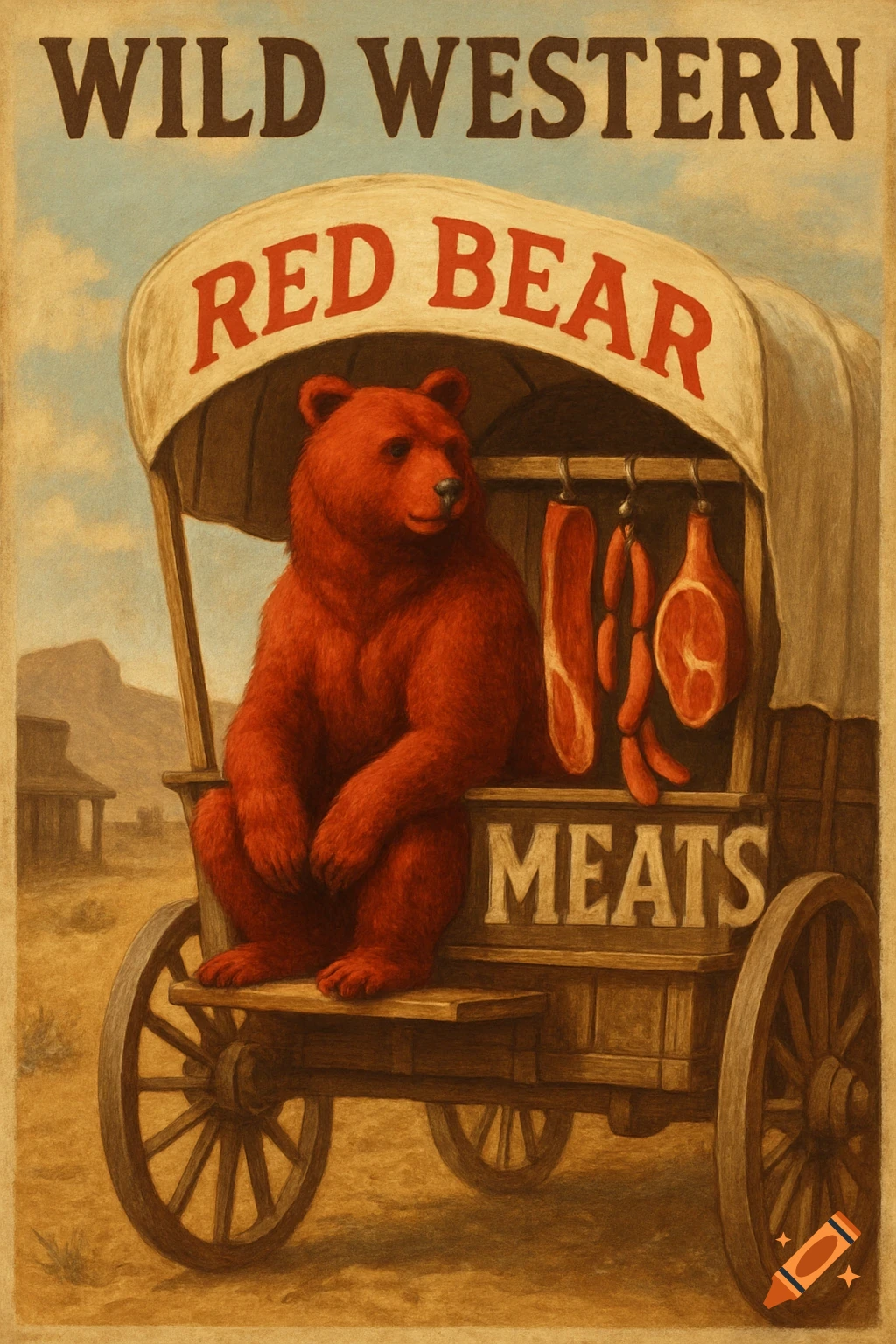 Illustration of a red bear sitting on a covered wagon selling meat, in a wild west desert setting, vintage poster style.