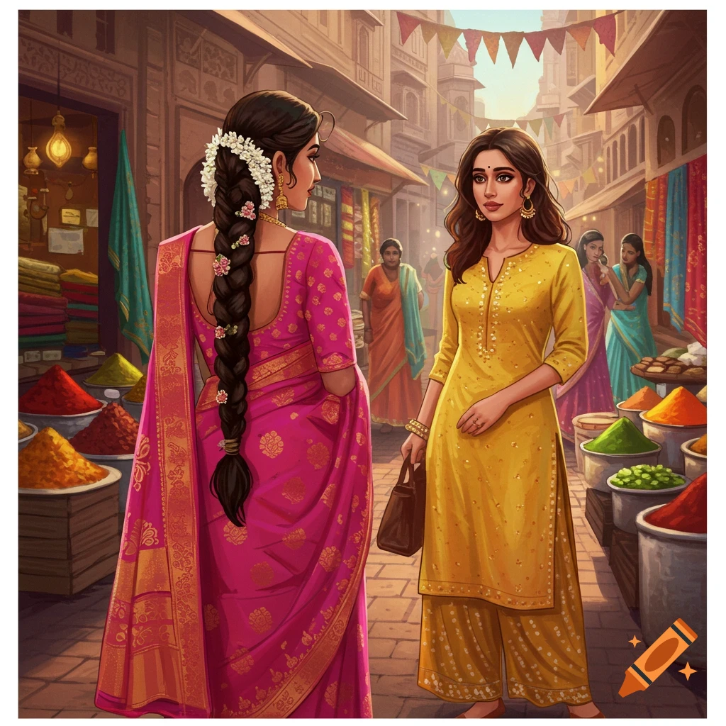Two women in colorful traditional Indian dresses stand in a vibrant marketplace.