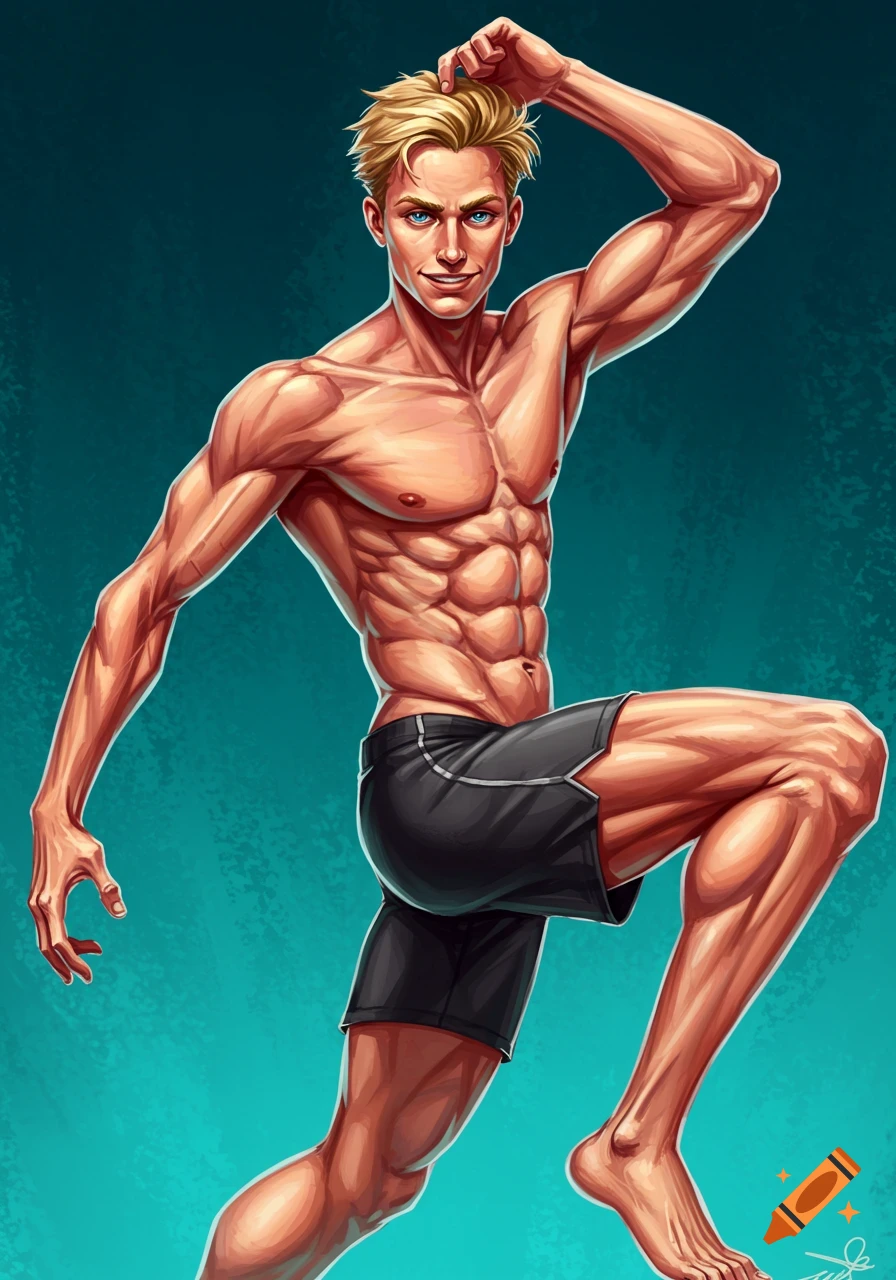An illustrated muscular blond man in black swim trunks against a teal background.