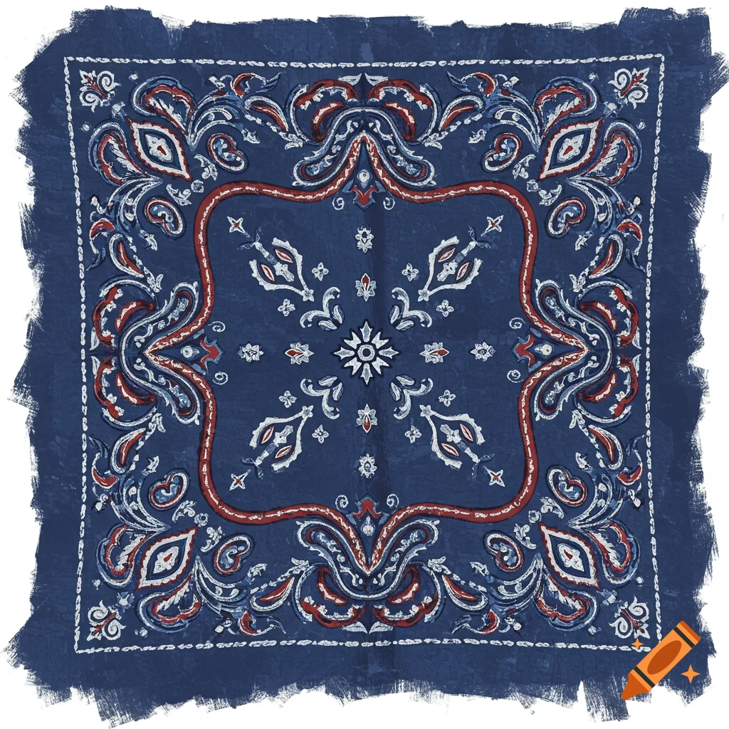 A blue bandana with a red and white paisley pattern and rough edges.