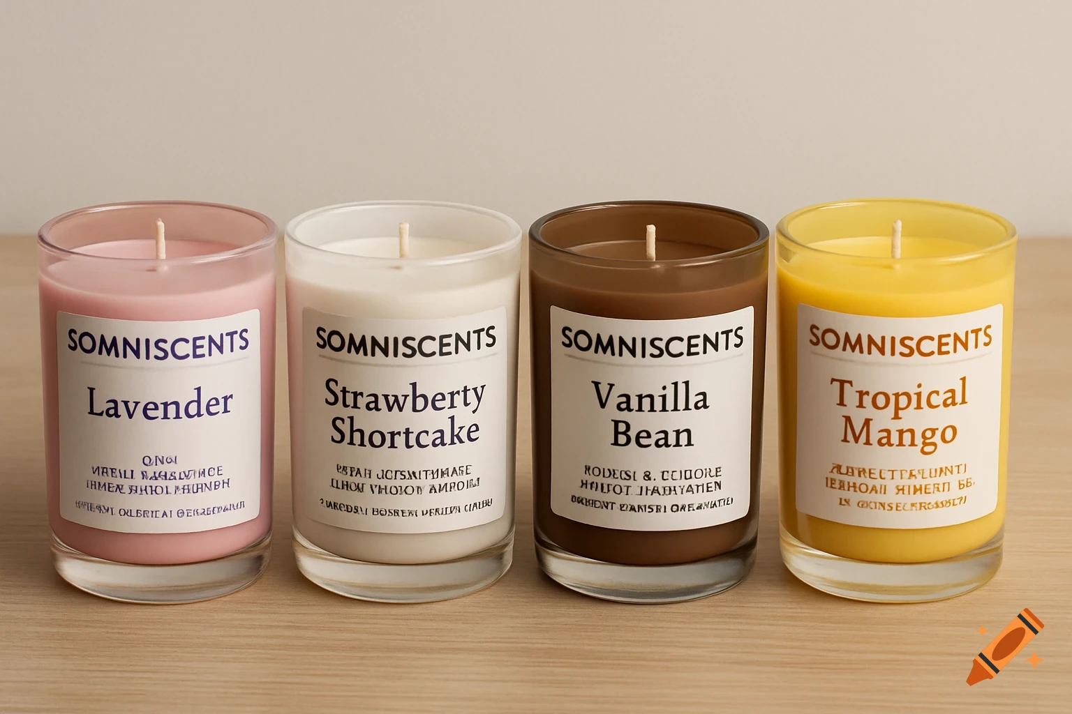 Four candles in glass jars with different scents on a wooden surface.