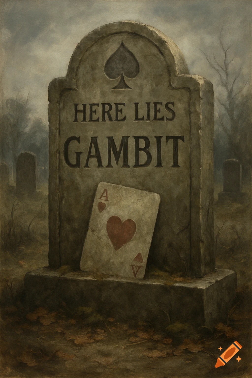 A tombstone in a foggy graveyard reads "HERE LIES GAMBIT" and features a spade symbol. An Ace of Hearts playing card leans against it. The image has a dark, painterly style.